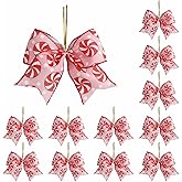 Meseey 12 Pcs Christmas Candy Bows 6 Inch Red and Pink Gingerbread Man Lollipop Peppermint Christmas Wreath Bow for Xmas Tree Wreath Bows DIY Craft Decoration (Pink Swirl)
