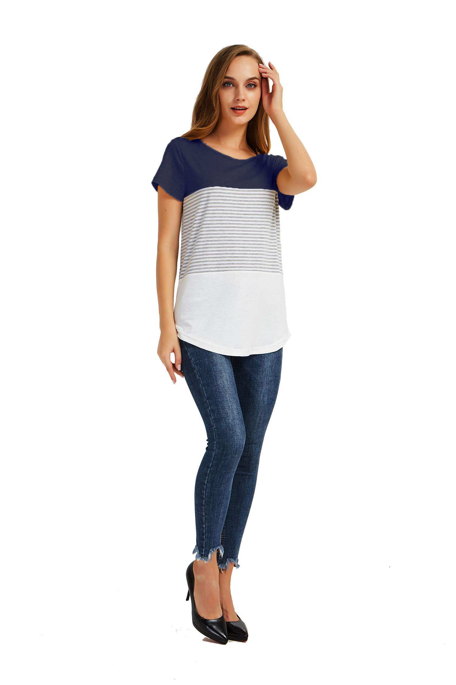 Gititlys Shirts for Women Womens Short Sleeve Shirt Round Neck Stripe T Shirts Summer Casual Top for Women M