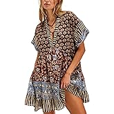 Women Boho Floral Babydoll Mini Dress Y2k Puff Sleeve Ruffle Flowy Short Dress Cute Summer V Neck Patchwork Dresses