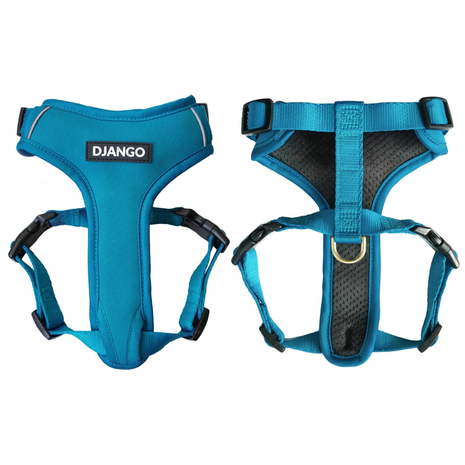 DJANGO Adventure Dog Harness - Stylish & Durable Medium Dog Harness for Outdoor Adventures and Everyday Wear - Pacific Blue Neoprene Adjustable Harness for Dogs with Reflective Piping, Brass D-Ring
