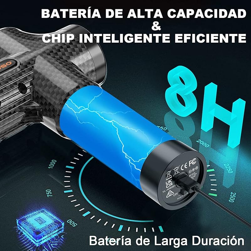Pistola de Masaje Muscular, Eléctrica Masajeador de Músculos de Tejido Profundo Hasta 4800 RPM, 30 Velocidades, 8 Cabezales, Pantalla LCD Táctil, Carga Tipo C(Negro Carbón)
