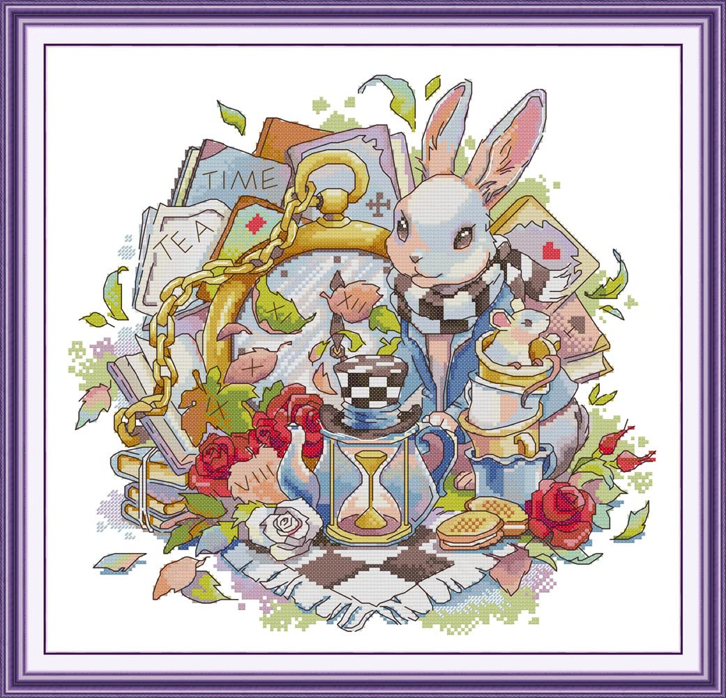 ABEUTY Cross Stitch Kits for Adults Beginners Pre Printed or NOT, Alice in Wonderland Ⅲ Rabbit DIY 14 Count Embroidery Sewing Starter Kit Stamped or Unstamped Needlework Home Decor (Stamped, Rabbit)