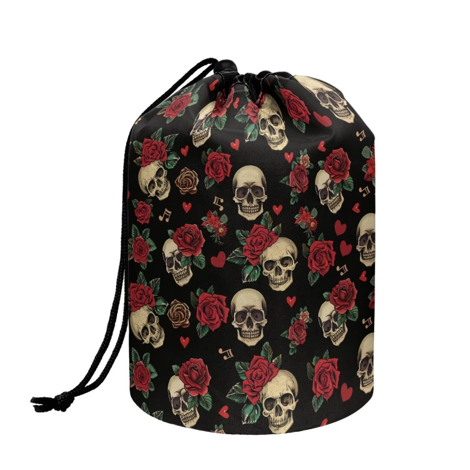 chaqlin Skull Rose Travel Cosmetic Bags Barrel Makeup Bag,Women Girls Portable Foldable Cases Multifunctional Toiletry Bucket Bags Round Organizer Storage Pocket