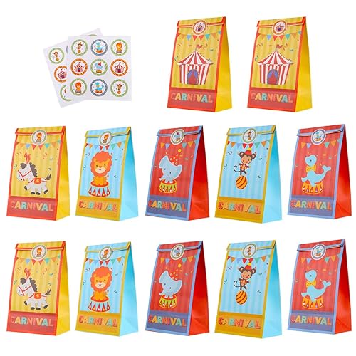 TOYANDONA 12pcs Paper present Bag with 18pcs Sticker, Circus Party Favor Candy Cookie present Bags for Circu Kids Birthday Party Supplies Favor