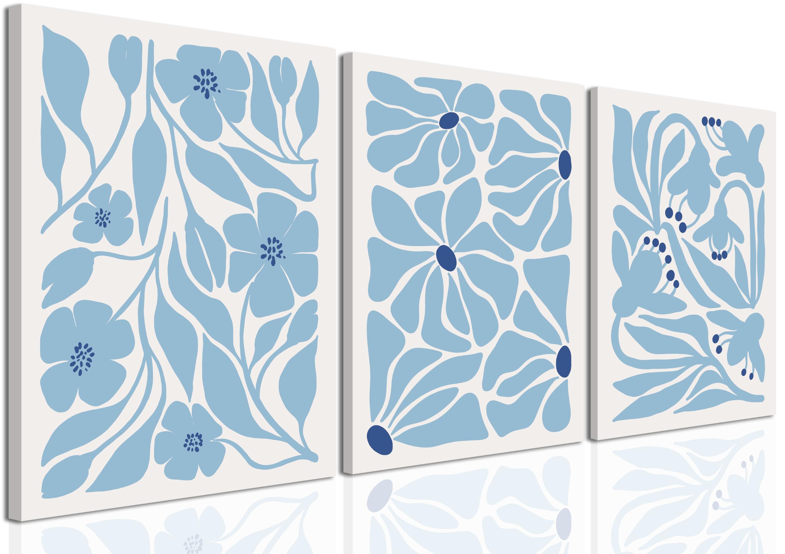 Boho Blue Flower Wall Art Set of 3, Light Blue Botanical Wall Decor ...