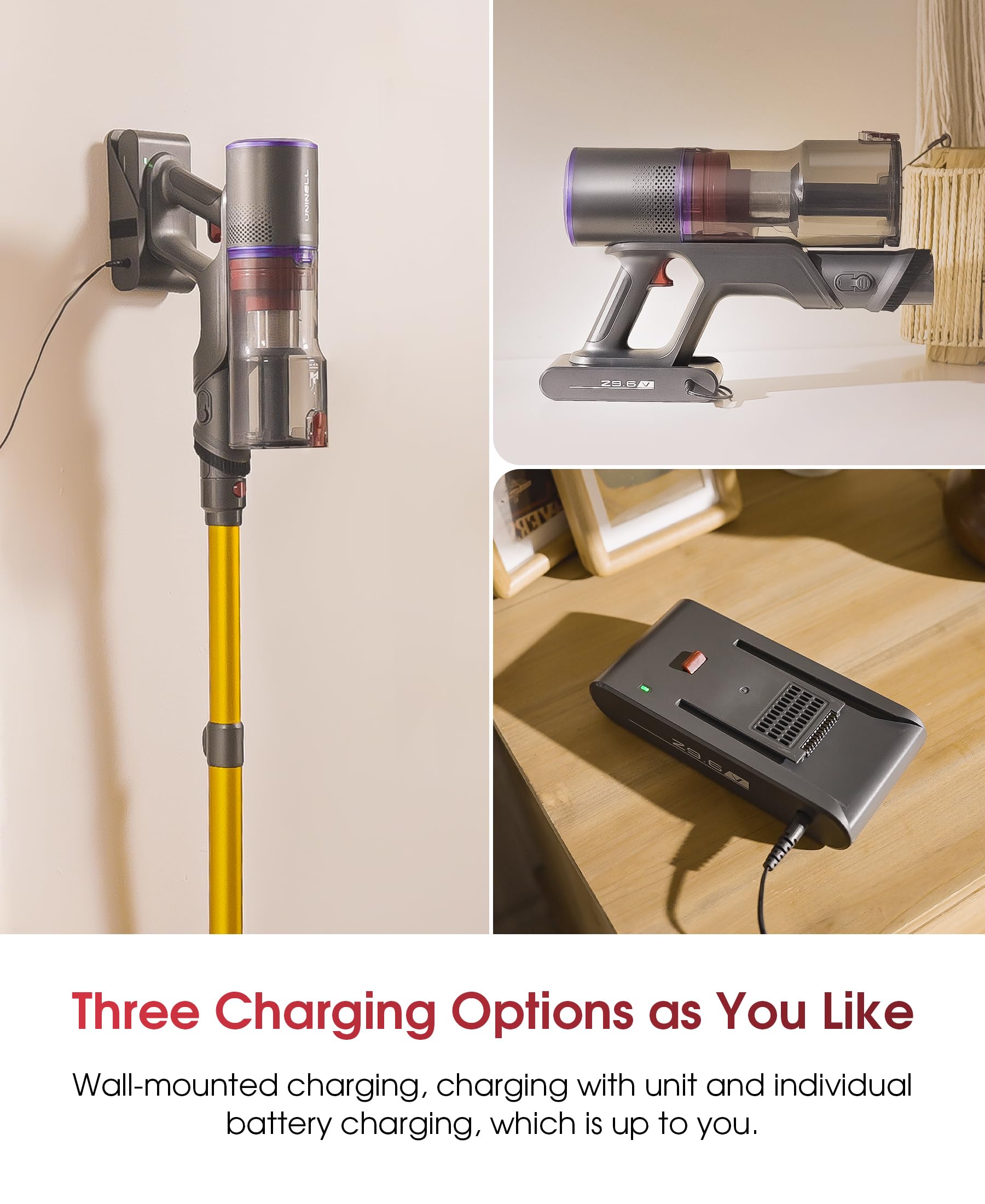 UNINELL HOME Cordless Rechargeable Vacuum Cleaner with Wall Mount Charging, 48Kpa 550W 65Mins for Home, Anti-Tangle Stick Vacuum Self-Standing for Pet Hair/Carpet