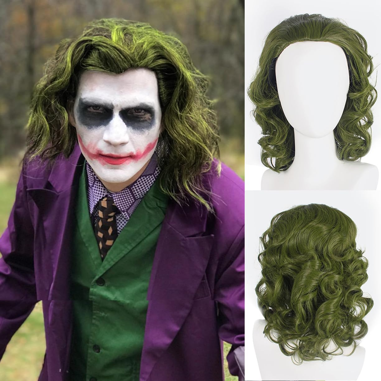 PORSMEER Cosplay Mens Green Fluffy Clown Joker 70s 80s Disco Short Curly Afro Wavy Heat Resistant Synthetic Halloween Cosplay Unisex Wig — image 1