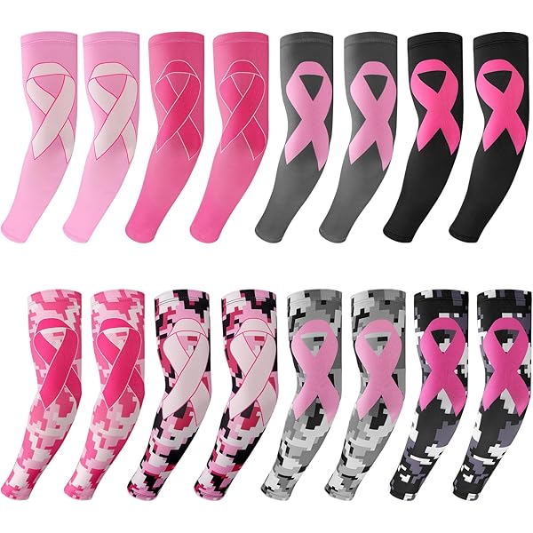12 Pairs Breast Cancer Awareness Sleeves Ribbon Arm Sleeves Women Youth SMALL