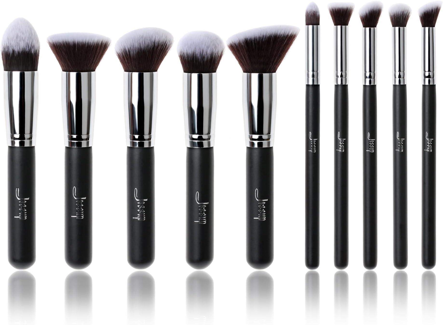 Jessup 10pcs Black/Silver Professional Liquid Kabuki Brush Foundation, Blush Brush,Blending Powder Eyeliner Eyeshadow Make up Set T058
