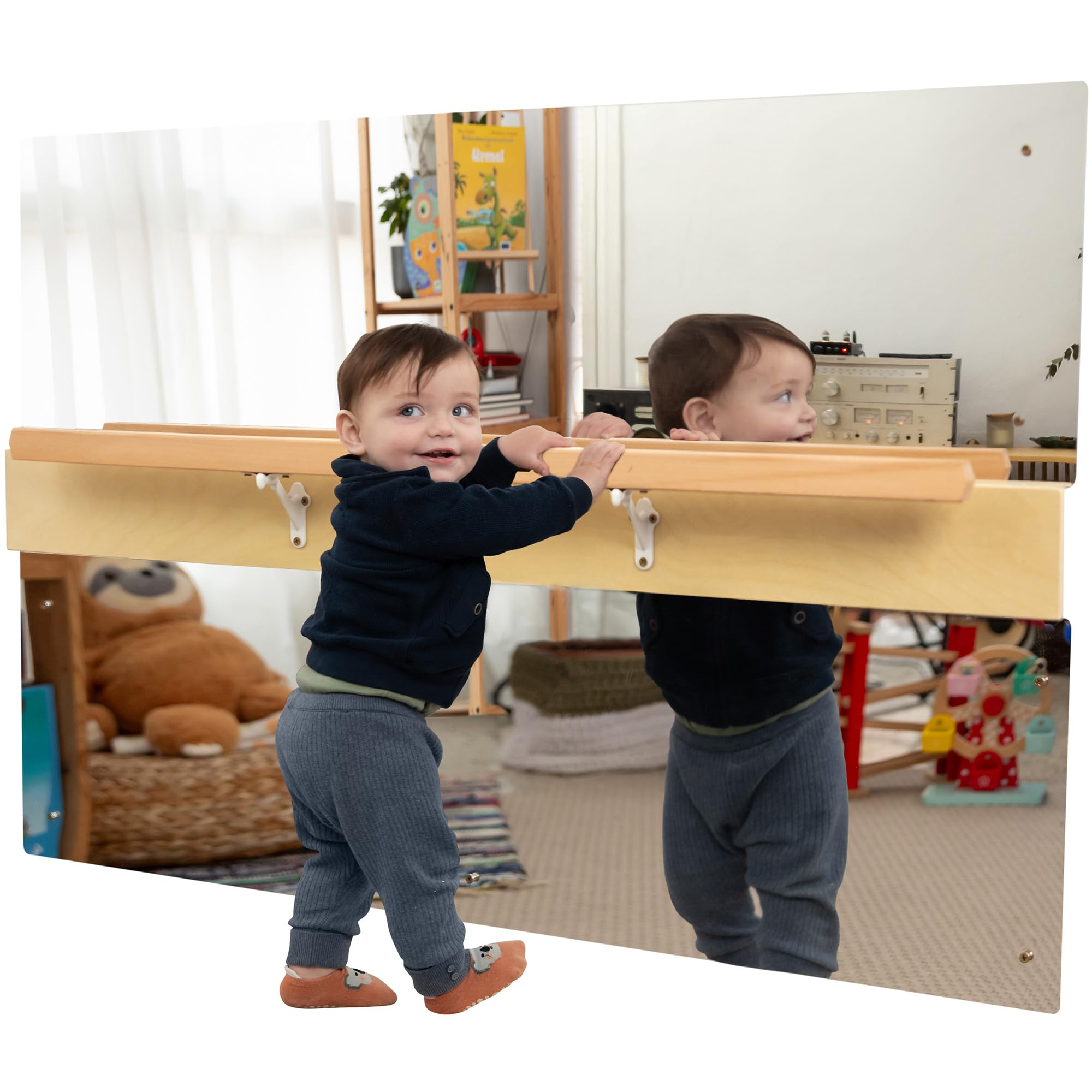 ODOXIA Montessori Mirror with Bar for Toddlers | Montessori Pull-Up Bar for Standing & Walking | Mirror Baby Wall with Pull-Up Bar | Wooden Balance Bar for Motor Development | Perfect for Playrooms