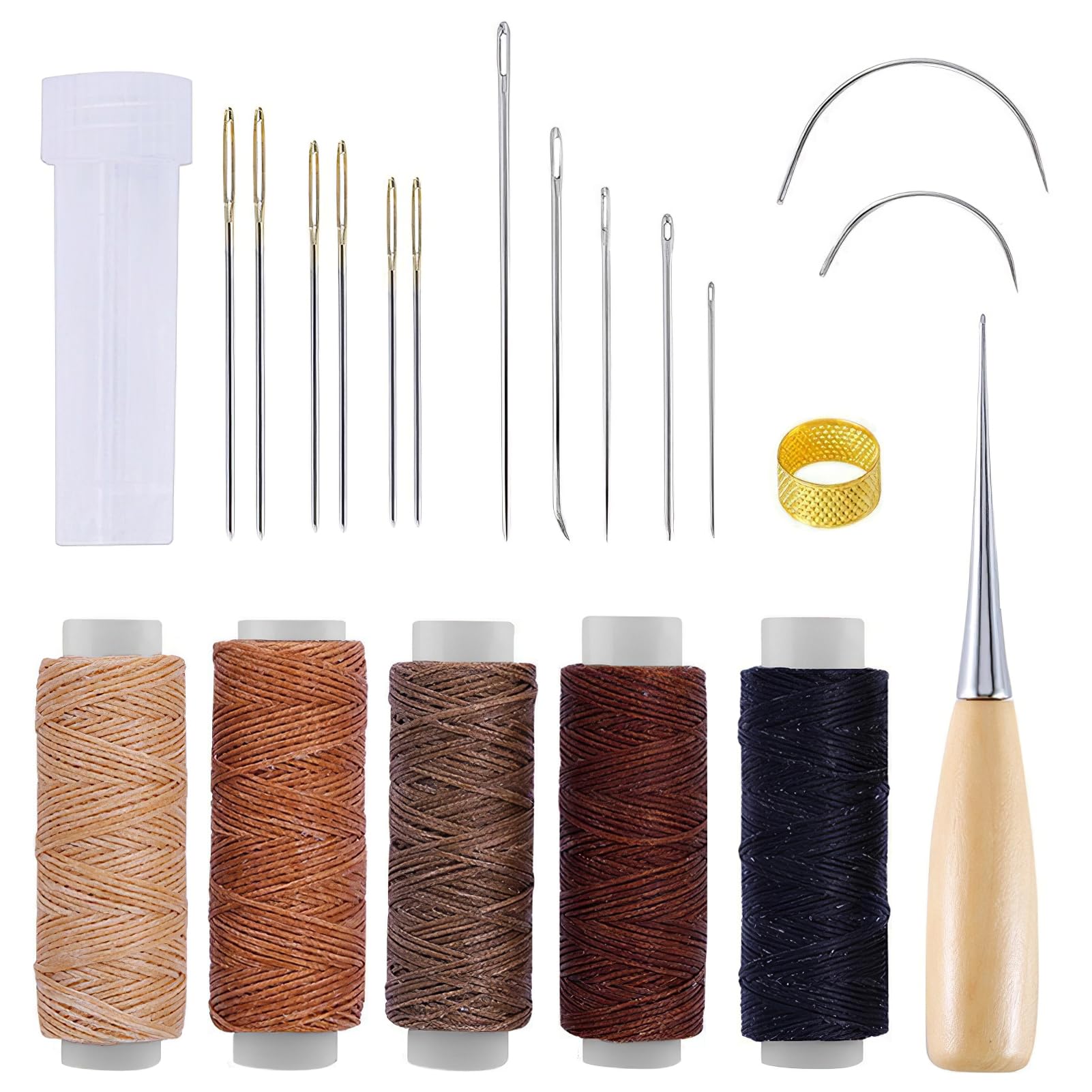 21PCS Leather Repair Kit, Sewing Kit Upholstery with Waxed Thread, Needles, Perforation Awl, Thimble, Leather Working Kit for Sofas Shoes Handbags Leather Apparel, Multi-Color Threads