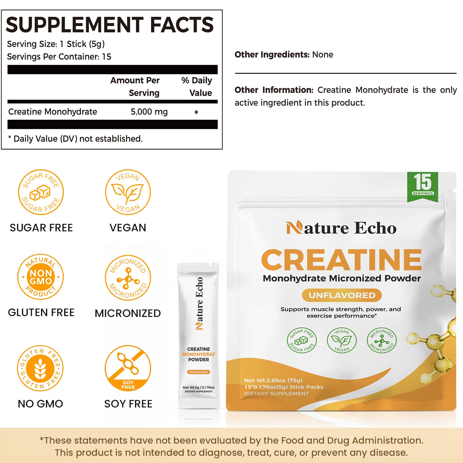 Nature Echo Creatine Monohydrate Micronized Powder - 15 Single-Serve Travel Packs 5g - Clean, Unflavored Creatine for Men & Women to Muscle Growth, Vegan, Gluten-Free, no Sugar