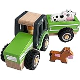 WoodenEdu Wooden Tractor Toys for Toddlers 1-3, Baby Vehicle Toys Hand Push Car Toys for 1 2 3 Year Old Boys Girls (Green)