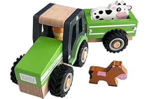 WoodenEdu Wooden Tractor Toys for Toddlers 1-3, Baby Vehicle Toys Hand Push Car Toys for 1 2 3 Year Old Boys Girls (Green)