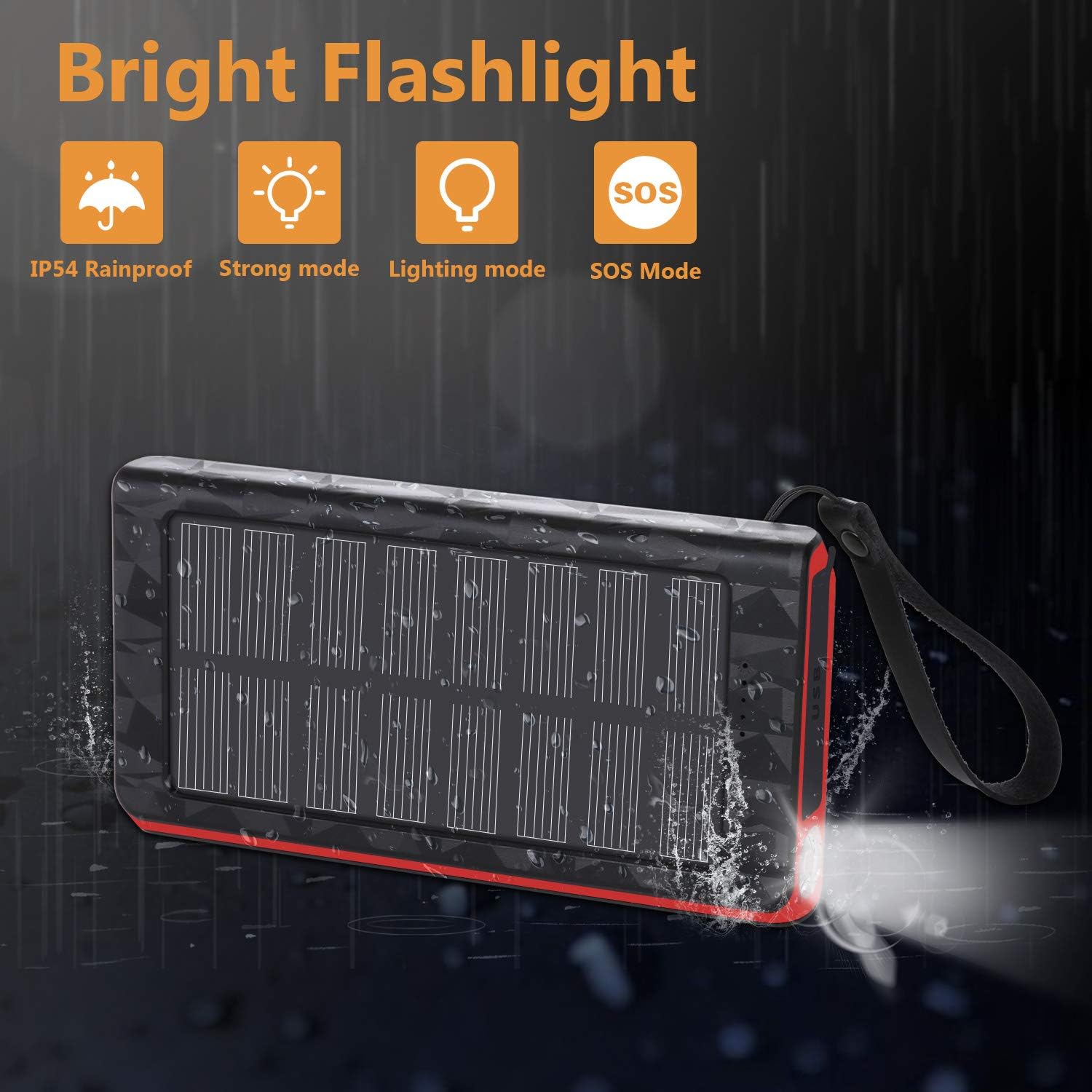 Solar Charger 20000mAh, Portable Phone Charger External Battery Pack, Compatible with iPhone Samsung Tablets & More, Type-C and Micro USB Inputs, 3 Outputs, Flashlight, Lanyard, IP54 Rainproof: Electronics