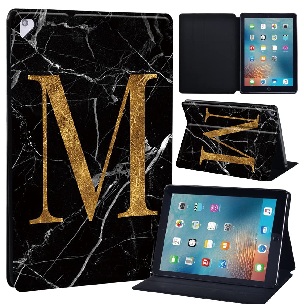 Initial Letter Leather slim lightweight Stand Cover Case for Apple New iPad 9.7 2018 2017(6th Gen, 5th Gen)/iPad Air 2/iPad Air/iPad Pro 9.7 Tablet with Auto Wake/Sleep (blackmarbleM)