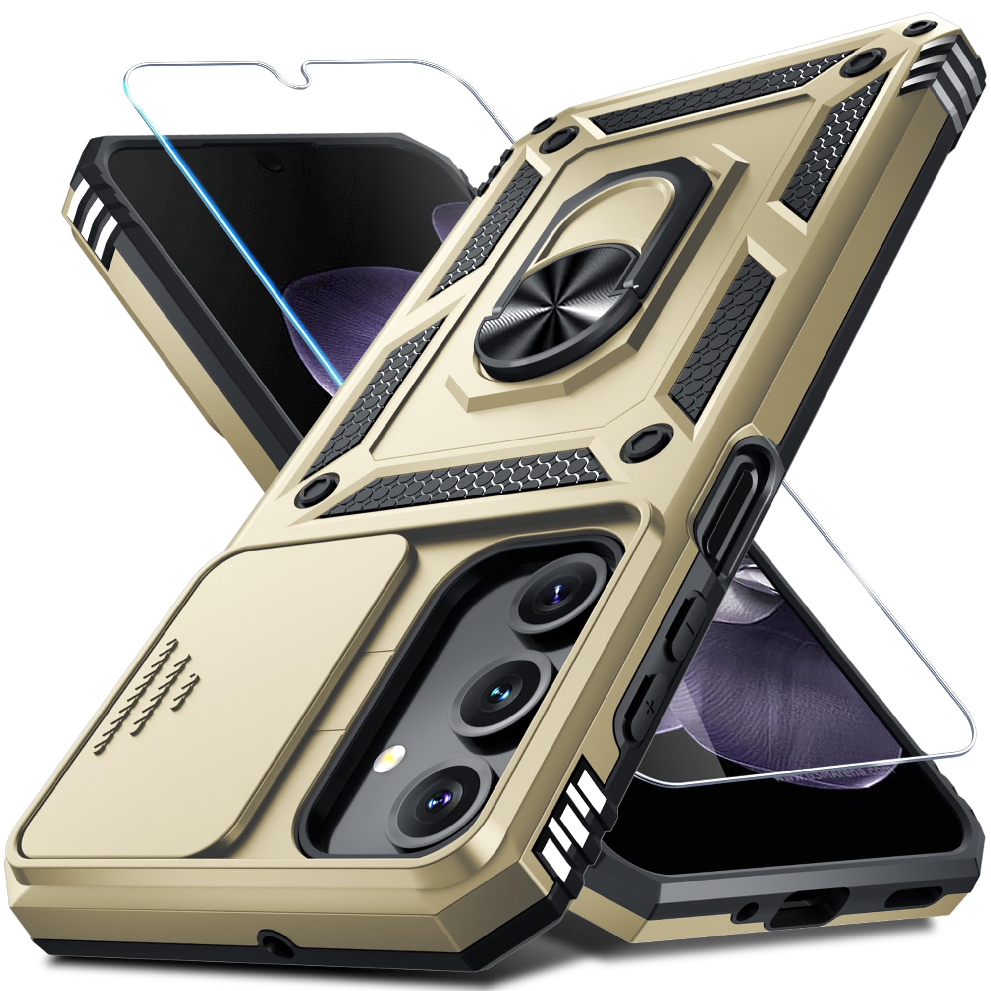 Photo 1 of Janmitta Compatible with Samsung Galaxy A16 5G/4G Case Built in Slide Camera Lens Cover+Screen Protector+Finger Ring Holder Kickstand,Heavy Duty Shockproof Full Body Phone Cover,2025 Gold