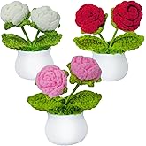 KELOVEYU 3 PCS Crochet Flowers Artificial Sunflower Small Potted Plants for Home Desk Car Office Decor Birthday for Mom Teacher Women Friends (2 Heads Roses)