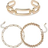 BCBG Bracelet Stack for Women Gold-Tone 3 Pieces, 7.5"+1.5" Chain Bracelets and 6.5" Cuff