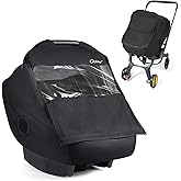 Winter Baby Carseat Cover with Clear Peep Window, Universal Car Seat Rain Cover with Zipper Door and Side Ventilation, All-Round Snow, Wind & Rain Canopy Waterproof Cover, Machine Washable, Black