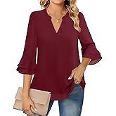 Lotusmile Womens Tops Dressy Casual 3/4 Tiered Bell Sleeve Blouses Double Layered Chiffon Work Tunic Shirts