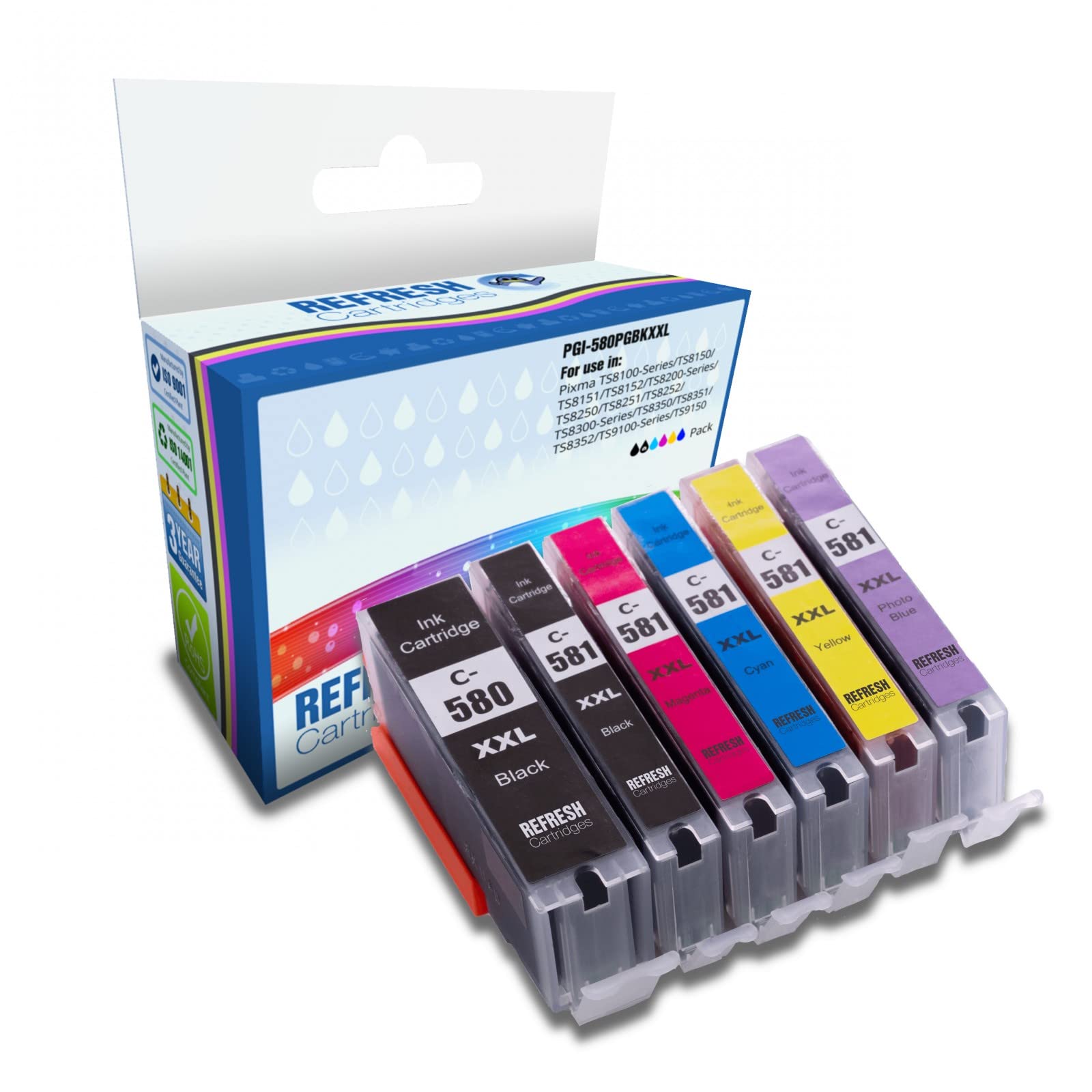 Refresh Cartridges Compatible Ink Cartridge Set Of 6 Replacements for Canon Extra High Capacity PGI-580 & CLI-581 XXL PGBK BK C M Y PB (Multi-Colour)
