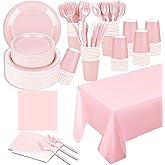 TWOWYHI 229PCS Pink Party Supplies Set Paper Disposable Plates Cups Plastic Spoons Forks Knives Pink Napkins for 30 Guests Disposable Party Dinnerware Sets for Wedding Birthday Parties