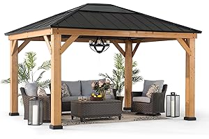 Sunjoy Hardtop Gazebo 11 x 13 ft. Standard Cedar Framed Wood Gazebos with Black Steel and Polycarbonate Hip Roof Hardtop for 