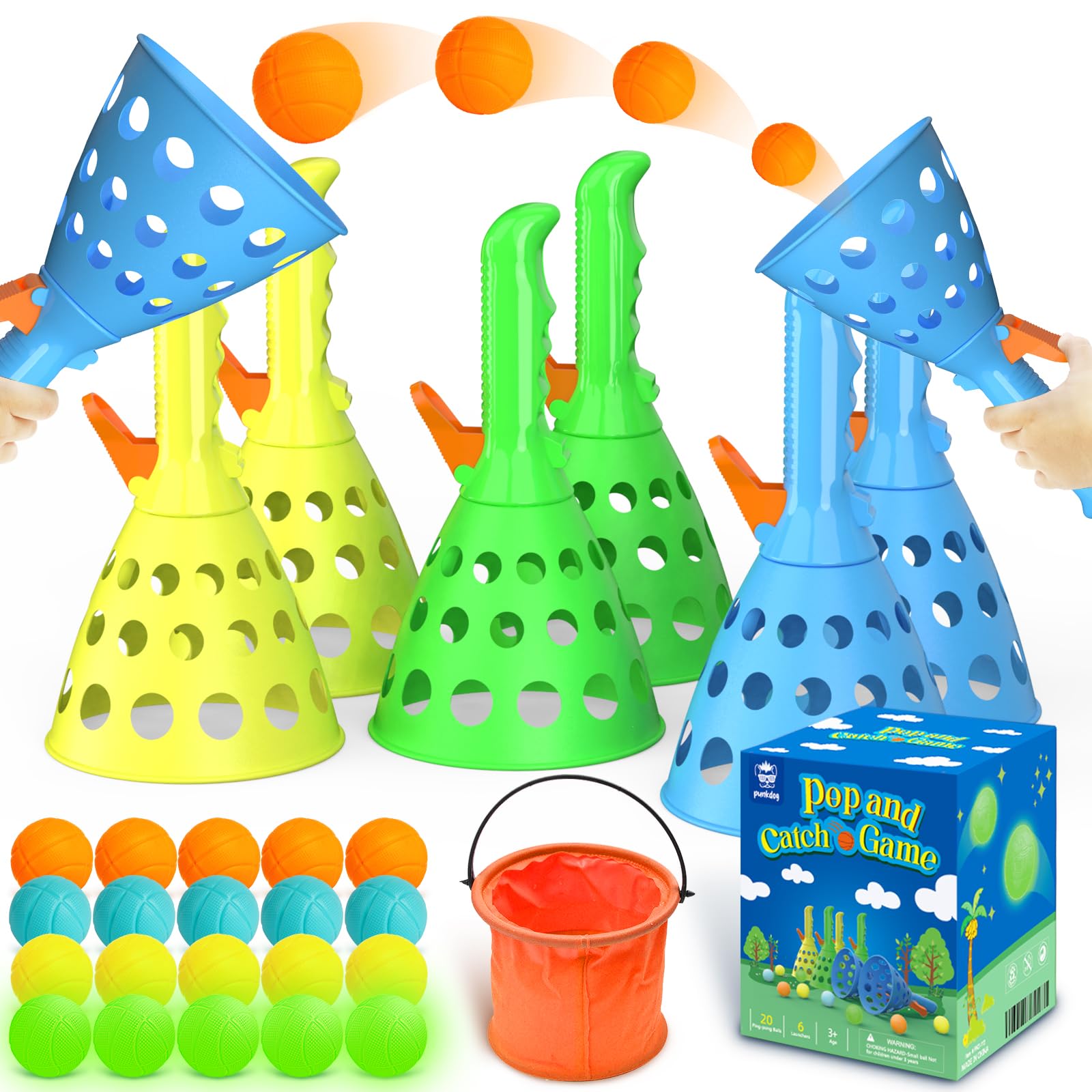 punkdog Pop and Catch Ball Game with 15 Ping Pong Balls, 5 Glow Balls and 6 Catch Launcher Baskets - Outdoor Indoor Game, Christmas Easter Party Favors Gifts Toys for Kids and Adults