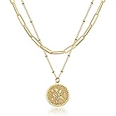 Valloey Rover Gold Layered Coin Necklace for Women Birth Flower Necklace 14K Gold Plated Dainty Carved Floral Pendant Necklace Personalized Engrave Double Layered Month Necklace for Birthday Jewelry