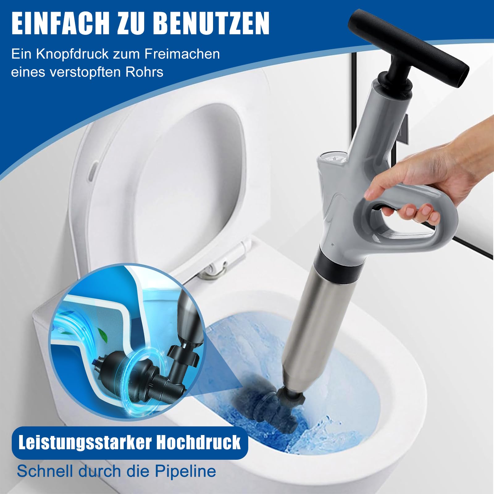 Rohrreiniger, Abflussreinigungspumpe mit Luftkompression und Luftdruckanzeige, Druckluft-Rohrreiniger mit 4 Saugnäpfen für Waschbecken, Toiletten, Bäder, Duschen und Küchen (grau) 3