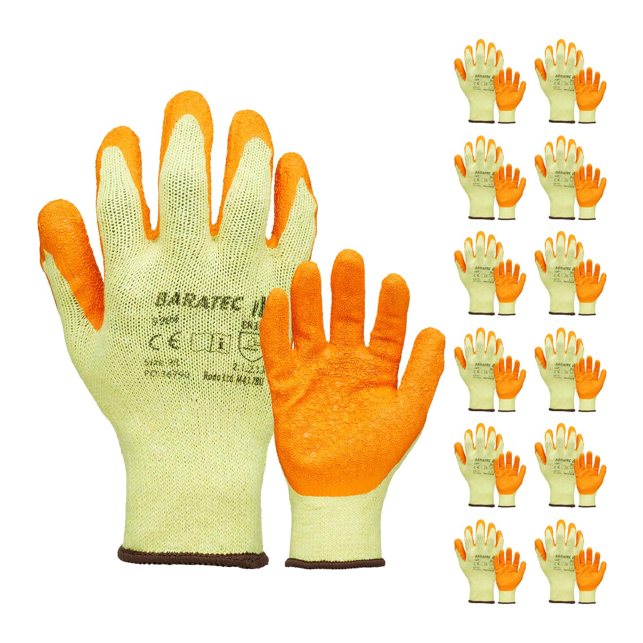 Baratec Pack of 12 Work Gloves, Latex Gloves, Gardening Gloves, Mens Womens, Waterproof Latex Grip, Safety Gloves, Working Gloves, Heavy Duty Gloves, Builders, PPE, Protective Gloves - Size 10/XL