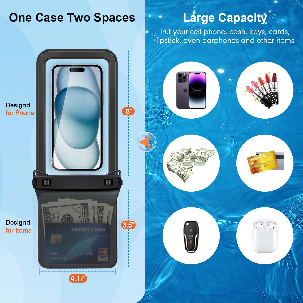 Rynapac 2 Pack Double Space Waterproof Phone Pouch with Lanyard | for iPhone 16 15 14 Pro Max | up to 8.5'' | Cellphone Dry Bag | for Beach Vacation Travel Cruise Essentials