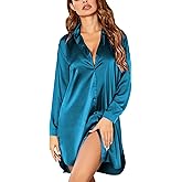 Ekouaer Silk Sleep Shirt for Women Sexy Button Up Nightgown Plus Size Nightshirt Soft & Comfy Night Dress Peacock Blue M