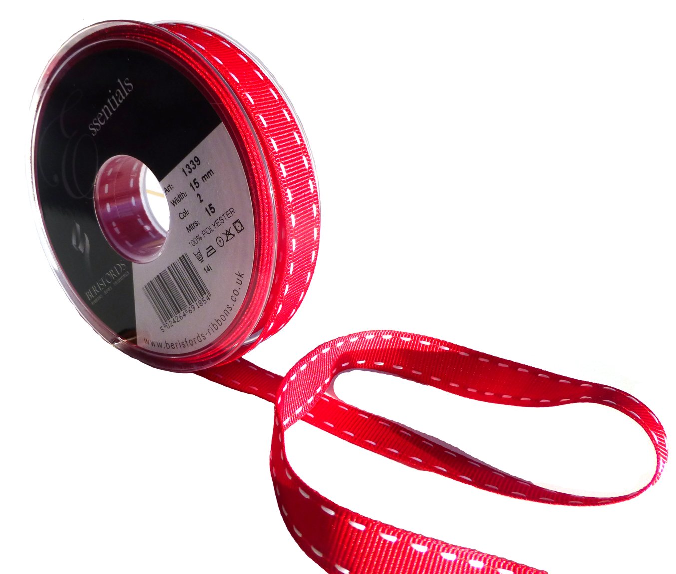 Berisfords 1339-RW-15 15 mm Stitch Grosgrain Ribbon, Red/White