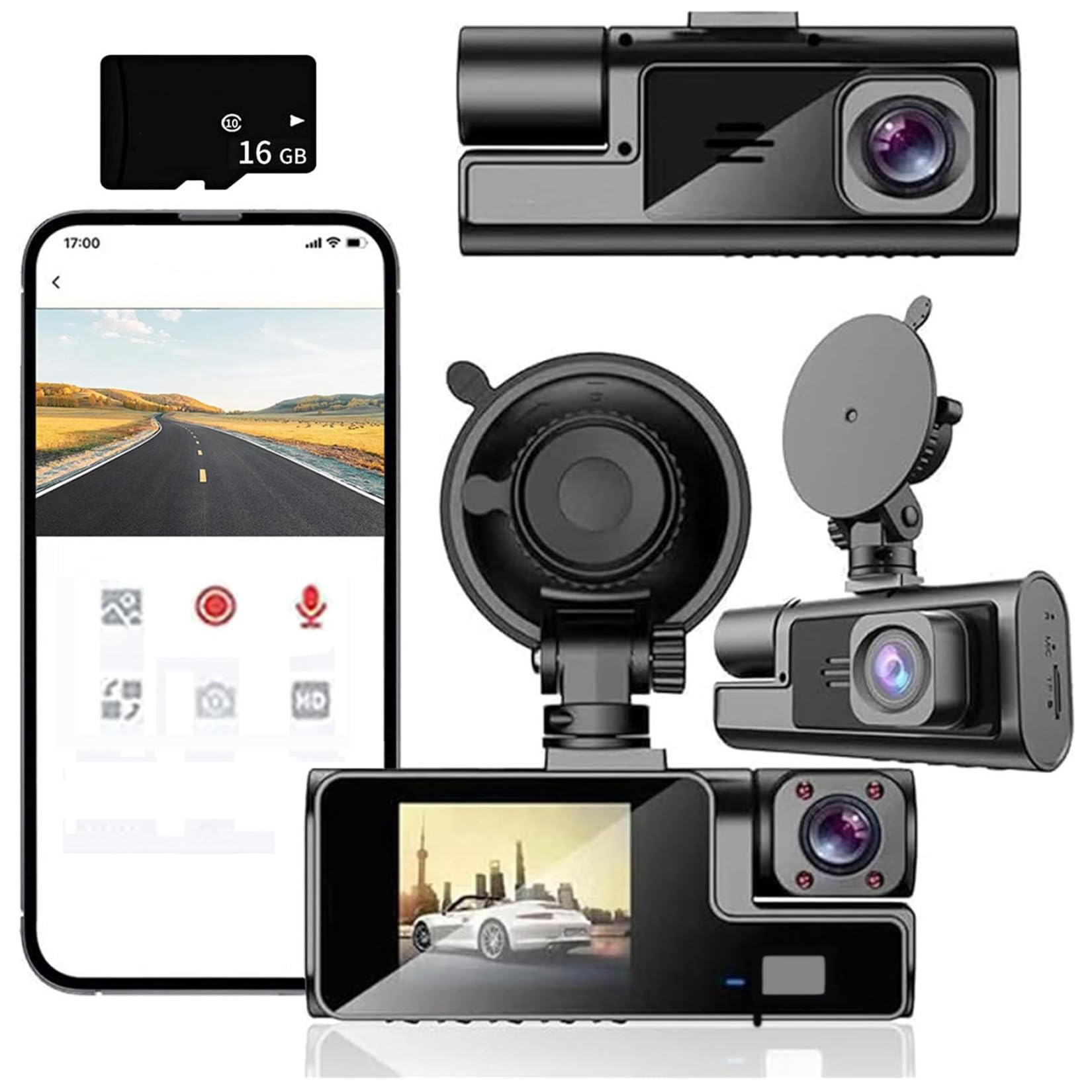 Car Dash Cam Front and Inside 1080P FHD Dash Camera with 16/32G Card Infrared Night Vision140 Degrees Wide 24H Parking Mode Loop Recording APP Control G-Sensor Dashcamera (#1)