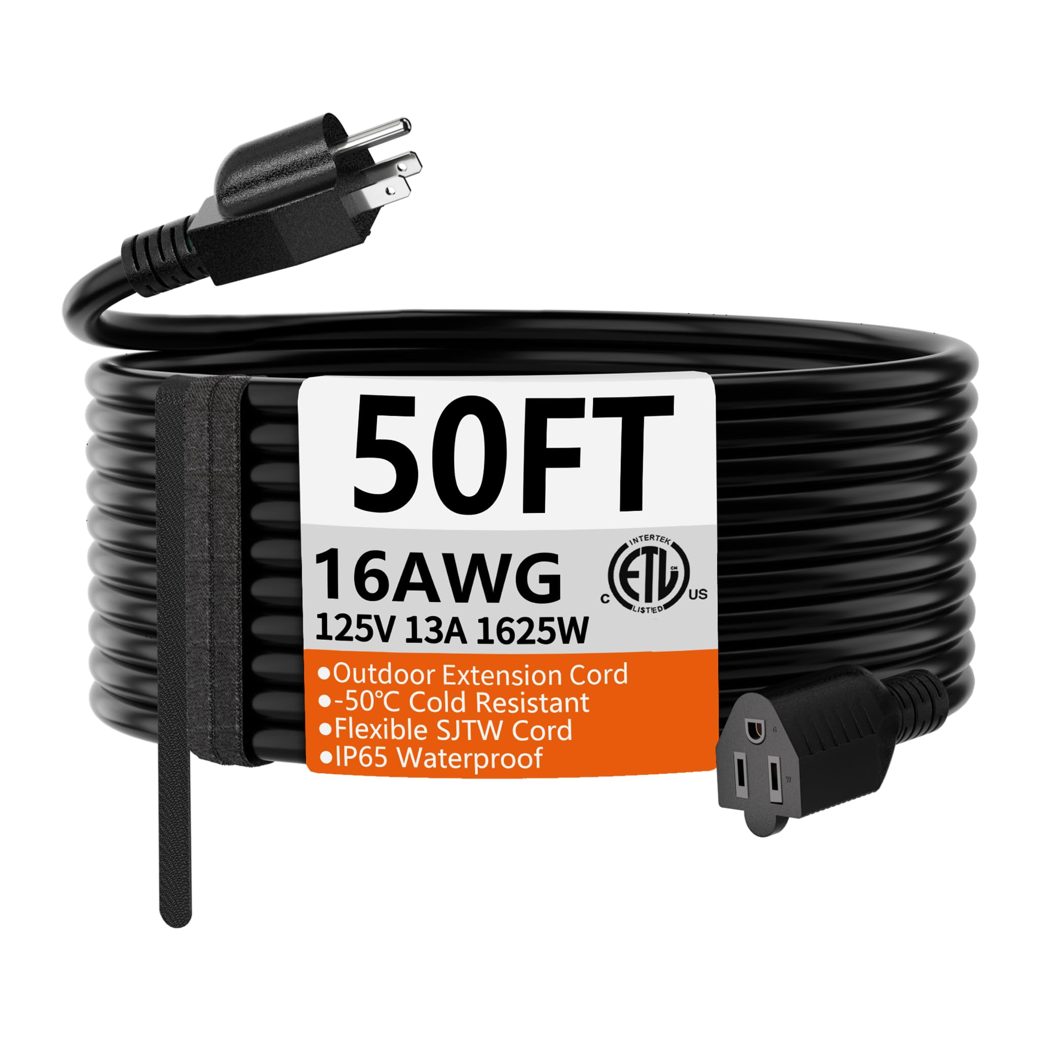 Photo 1 of HUANCHAIN 50 FT 16 Gauge Black Indoor Outdoor Extension Cord Waterproof, Flexible Cold Weather 3 Prong Electric Cord Outside, 13A 1625W 125V 16AWG SJTW, ETL Listed