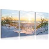 IAFWZX Wrapped Canvas Coastal Sunset Scenery Wall Art Set of 3, 12x16 in | Beach Sunset Wall Decor, Natural Dune Grass Seascape Art Prints, Calm Coastal Gift for Farmhouse and Bedroom