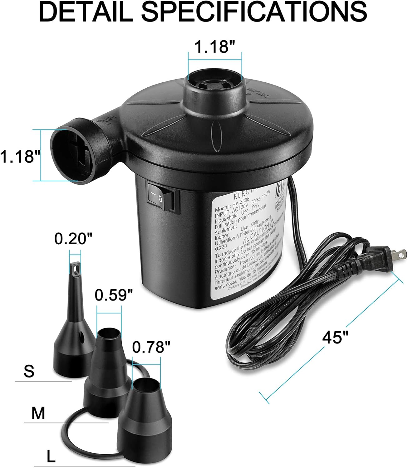 FiveJoy Electric Air Pump, Quick-Fill AC Inflator Deflator with 3 Nozzles, 120 Volt Portable Air Mattress Pump for Outdoor Camping, Inflatable Couch, Pool Floats, Boats, Swimming Ring (AC Pump (140W)): Sports & Outdoors