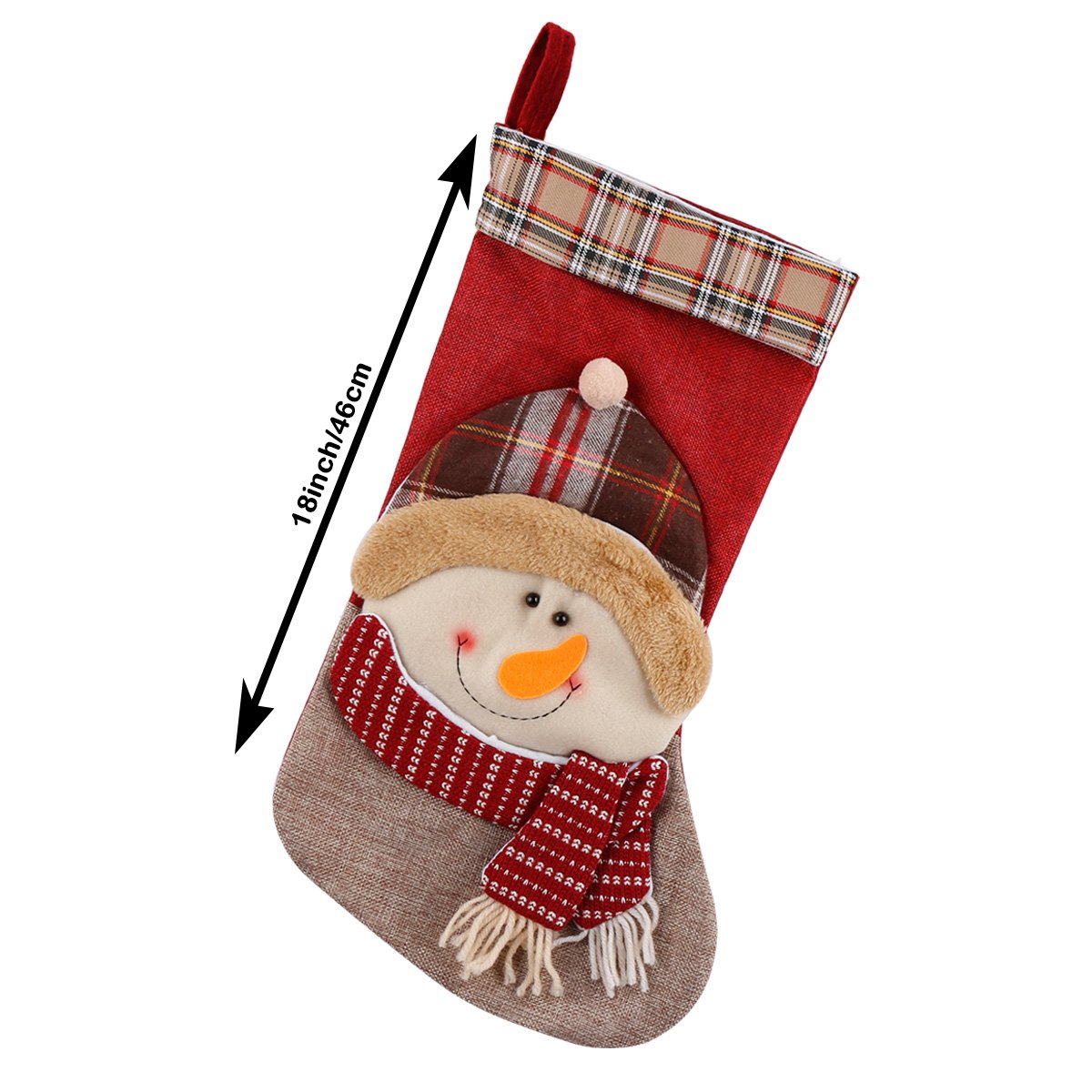 Christmas Stocking 3D Snowman Holiday Week Christmas Day Gift Plush Classic Traditional Plaid Adorable Cute Holiday Decoration Ornament Decorate Your Home for Party Office Xmas Tree 18 inch