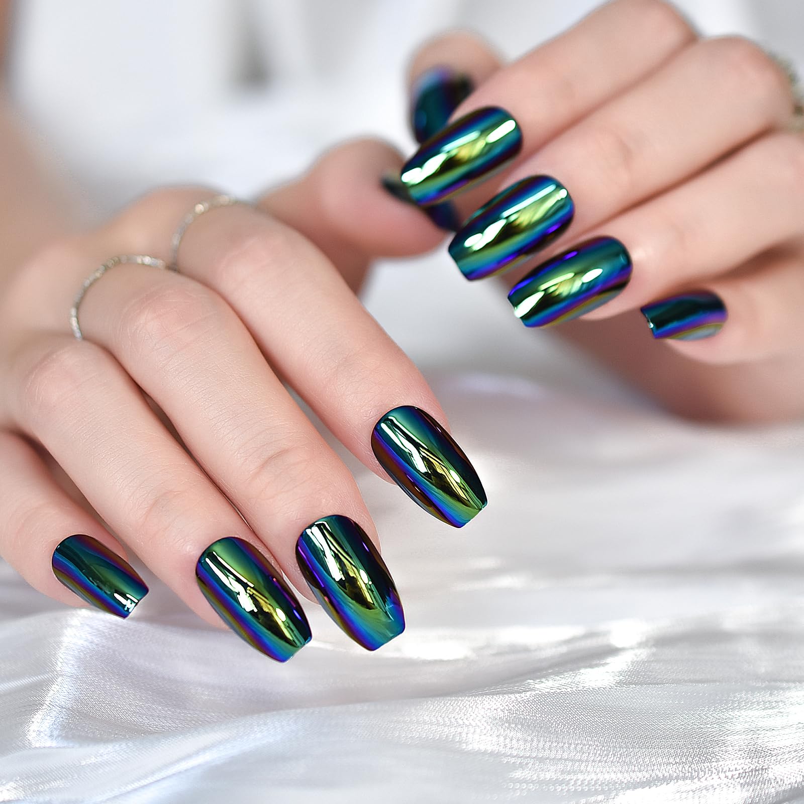 iBeautying Press on Nails - Chrome Magic Mirror Effect Green Purple Holo False Nails | Metallic Punk Medium Coffin Reusable Wear Fake Nails in 10 Sizes - 24 Nail Kit with Jelly Glue Pad - Image 6