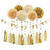 White Gold Champagne Party Decorations - 23pcs Tissue Pom Poms Streamers,Christmas Wedding Engagement Tassel Garland Banner,Bachelorette Neutral Birthday Baby Bridal Shower Decor Lasting Surprise