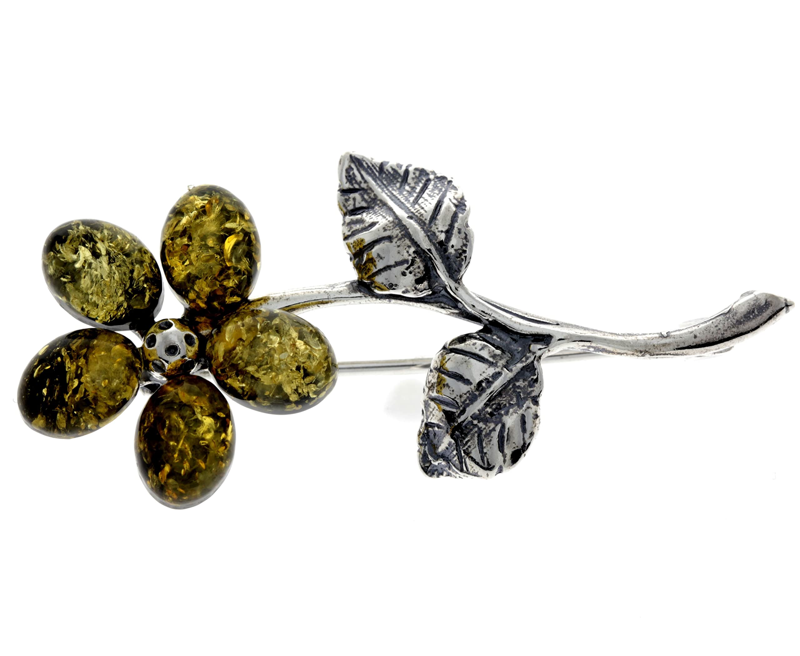 Genuine Green Baltic Amber & Sterling Silver Exclusive Flower Brooch - 4015G