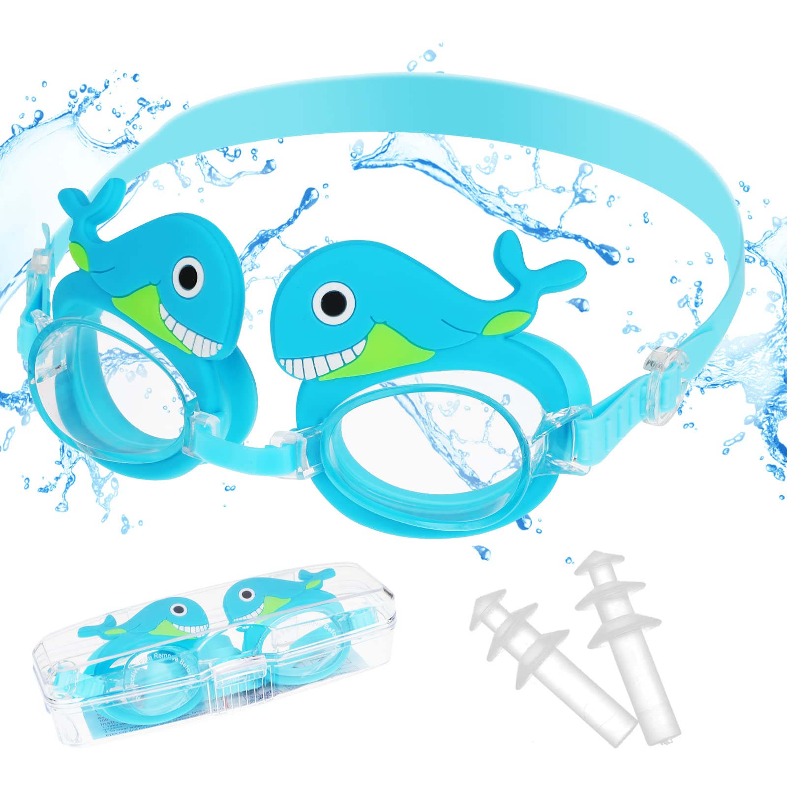Pwsap Kids Swim Goggles with Earplugs for Toddler Kids Girls Boys Youth(4-14), Cute Cartoon Tail Design, Anti-Fog Anti-UV Leak-proof Clear Vision Water Pool Goggles (Style-5) — image 1