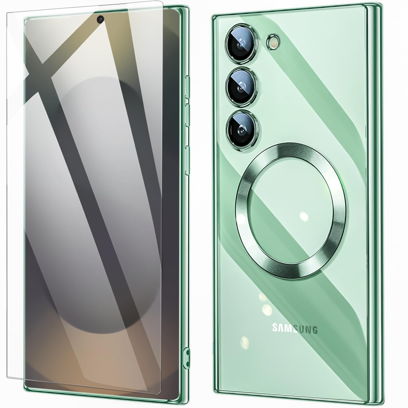 QiiStar for Samsung Galaxy S25 Plus Case with Screen Protector & Camera Lens Protector Titanium Glossy Soft TPU Silicone Magnetic Case Women Girls Color Phone Case for Samsung Galaxy S25+ 5G,Green