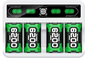 DXKK Xbox One Battery & Charger Sets - 4X 6200mWh Rechargeable Battery Pack with Touch Control LED Light for Xbox One/Series X|S Controllers, White