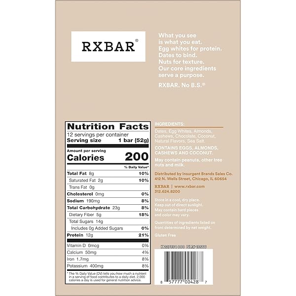 RXBAR PROTEIN BARS, PROTEIN SNACK, SNACK BARS, COCONUT CHOCOLATE, 22OZ BOX (12 BARS)