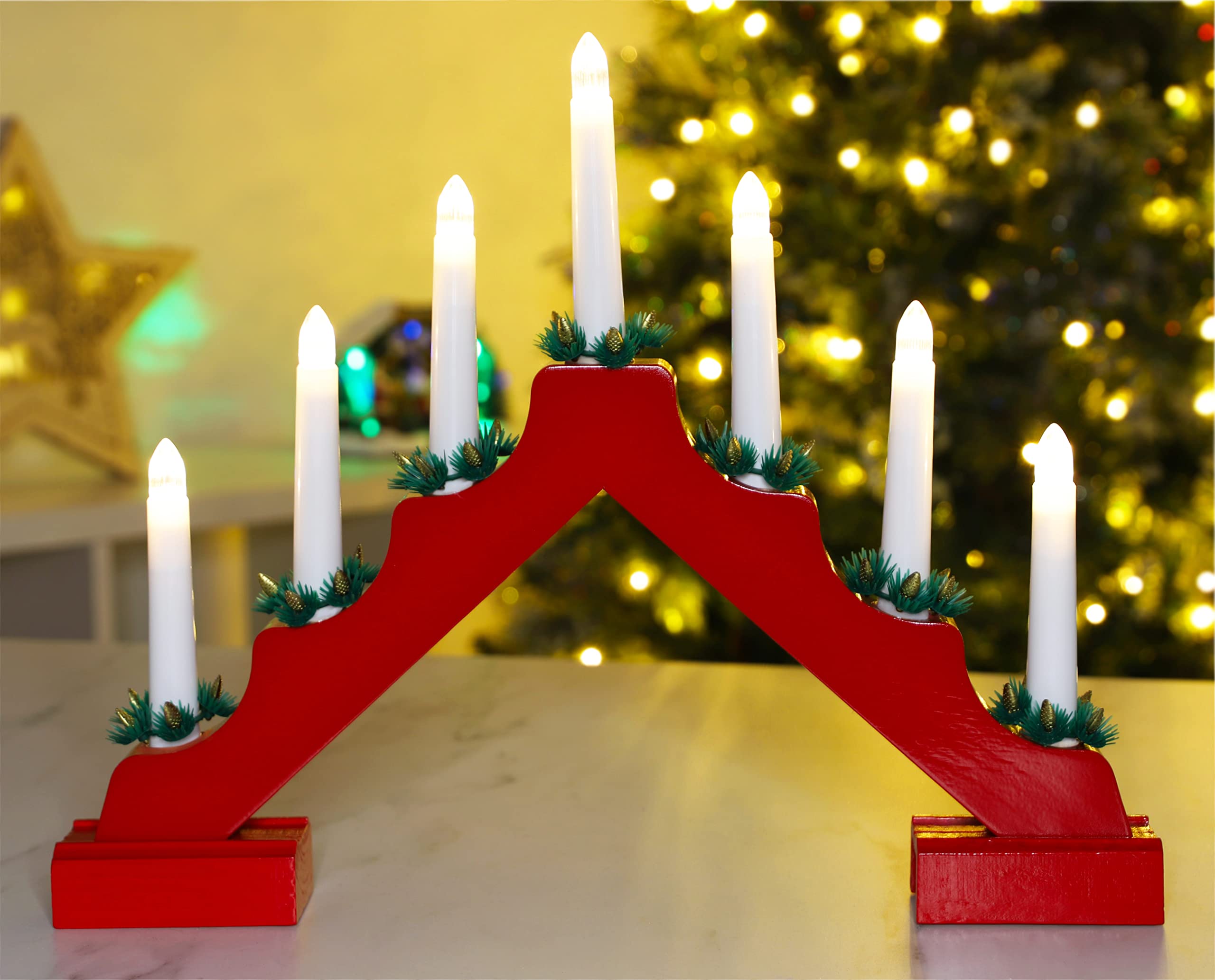 Christmas Concepts® Christmas Red Wooden Candle Bridge with Warm White LED Lights - Battery Operated