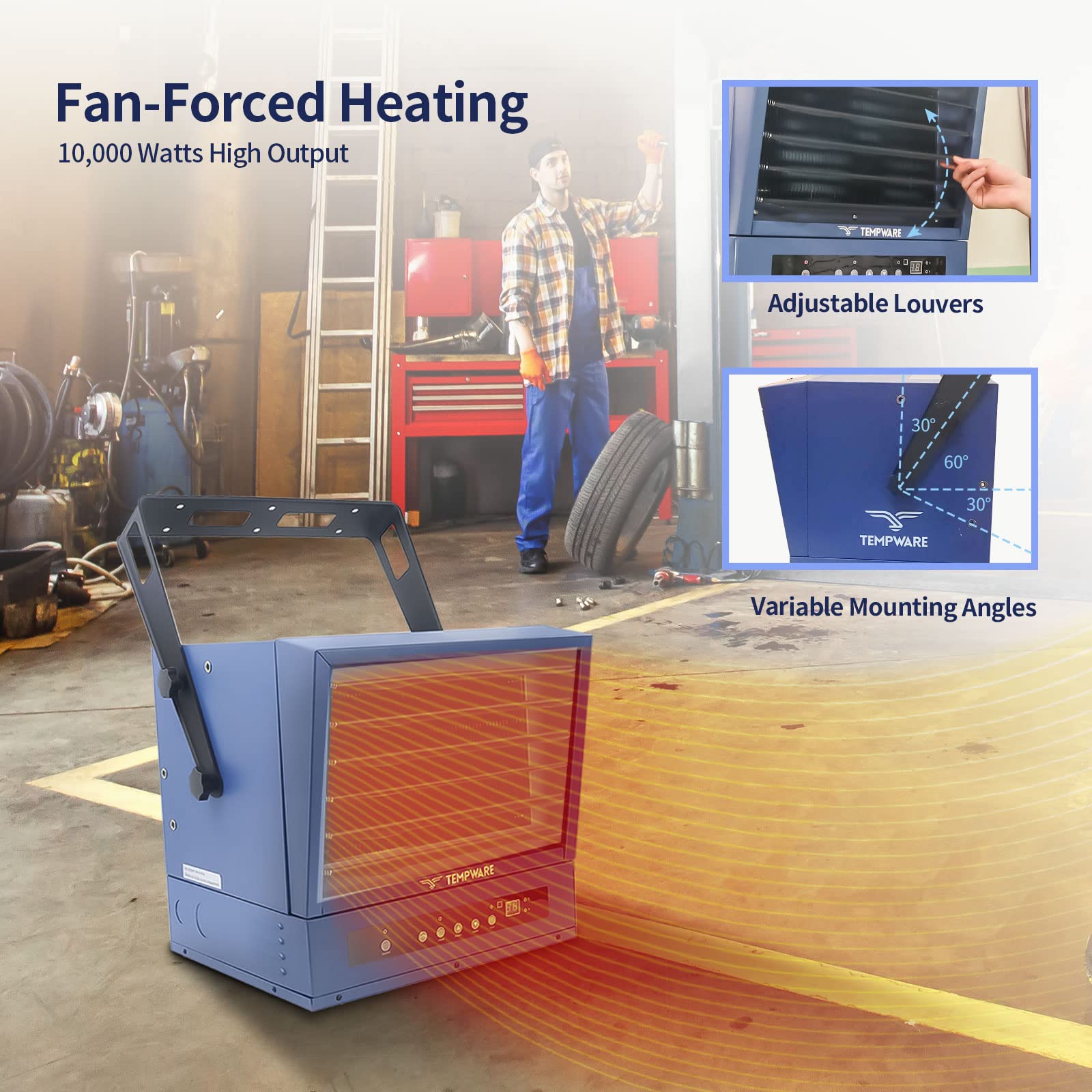 TEMPWARE Electric Garage Heater, 10,000-Watt Digital Fan-Forced Ceiling Mount Shop Heater with ECO Mode, 240-Volt Hardwired with Full-Function Remote and 12-Hour Timer, Ideal for Workshop