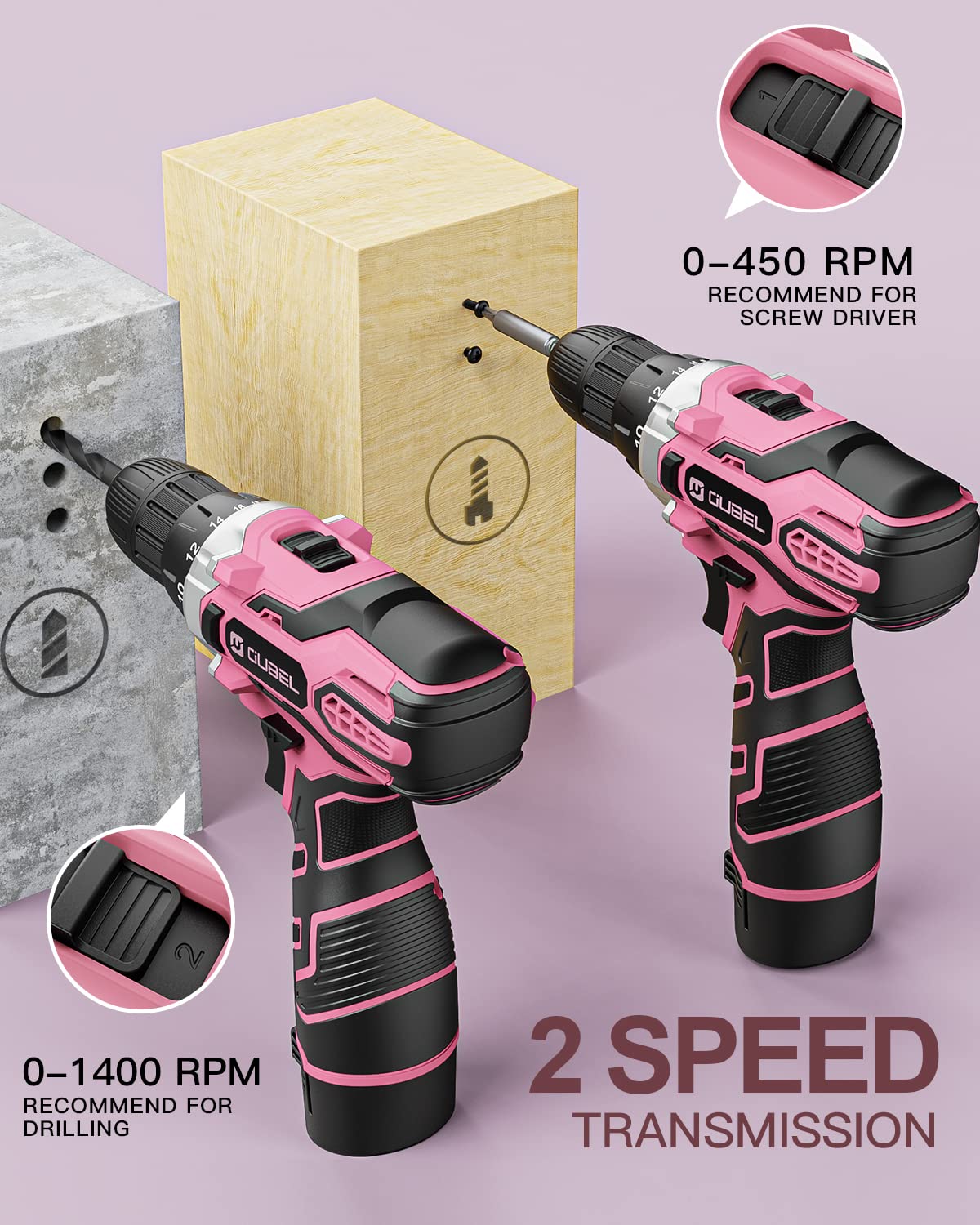 Drill Set, OUBEL 12V Cordless Drill Pink with 42 Acessories, Pink Power Drill Cordless with 3/8